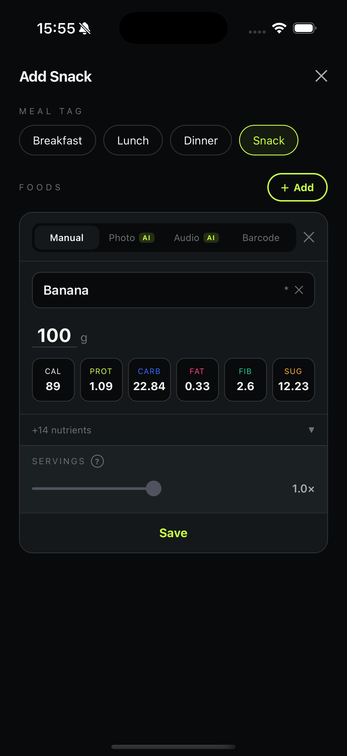 MacroDrop calorie tracker food editor — Manual, Photo AI, Audio AI and Barcode logging tabs